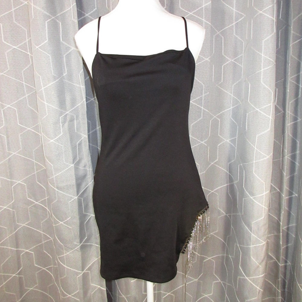 Chic Asymmetrical Black Dress with Fringe Detail Never worn